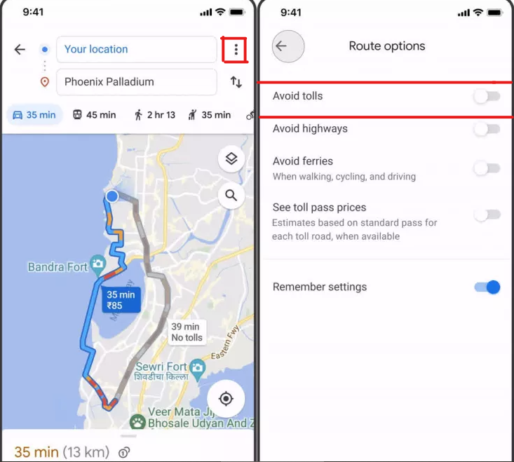 Avoid tolls option