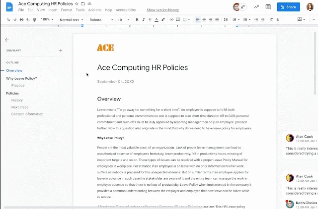 new feature of Google Docs; Document summary