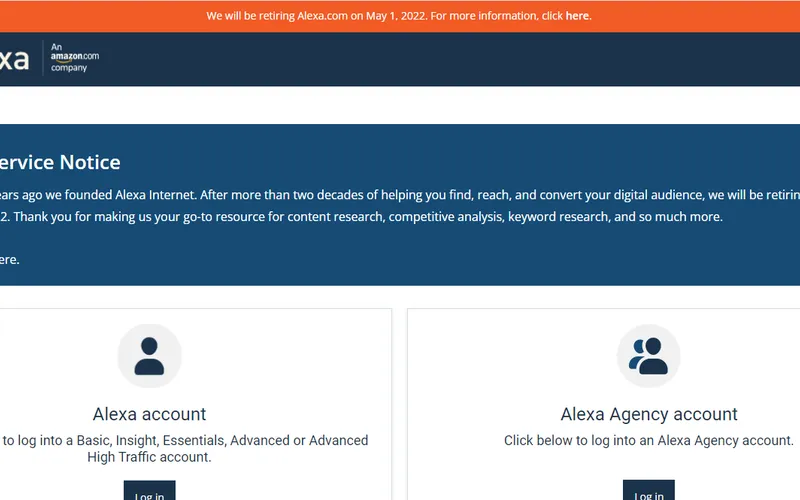 Alexa retirement announcement and the home page